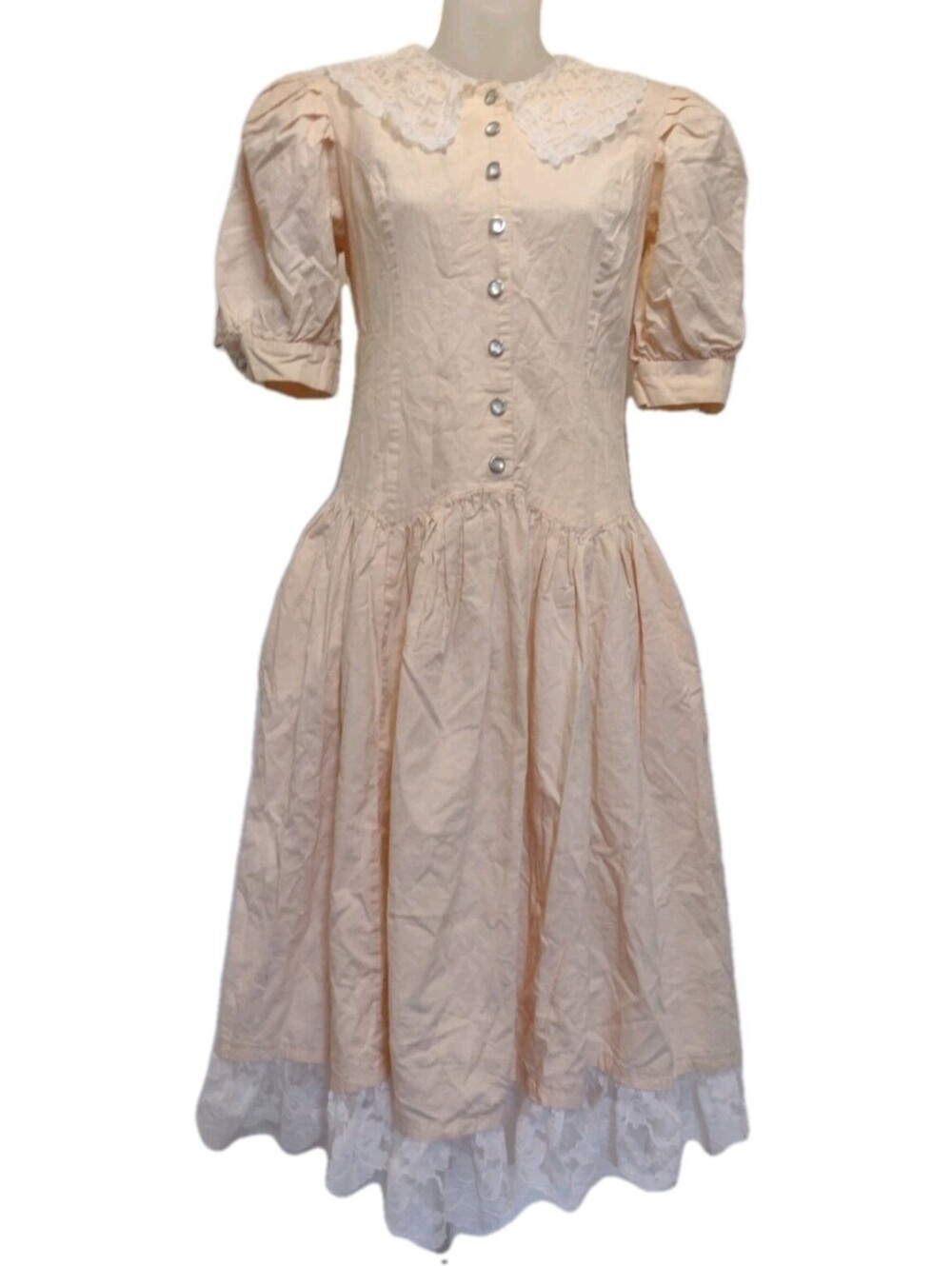 Vintage 80s Joni Blair Dress Peach Lace Puff Sleeve Prairie Cottagecore Sz 5/6